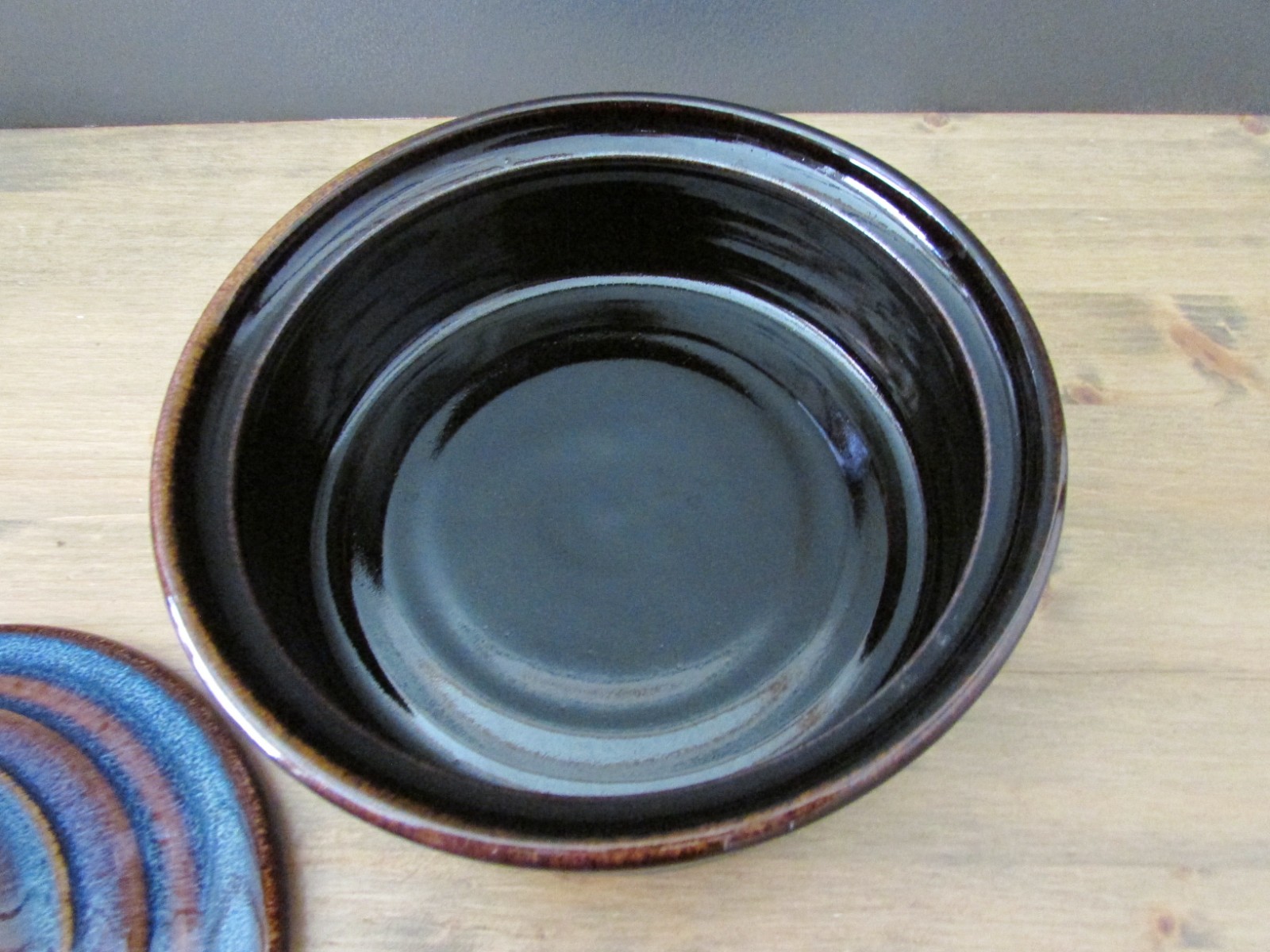 Handmade Studio Pottery Covered Serving Dish Blue Glaze 8″ Dia. Stoneware