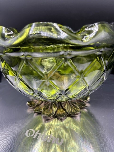 Indiana Glass Olive Green Quilted Diamond Candy Bowl Footed Metal Leaf Base MCM