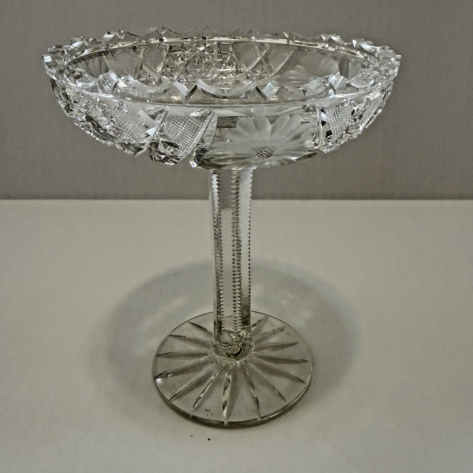 American Brilliant Period Cut Glass Pedestal Compote Bowl 6″ Scallop Sawtooth
