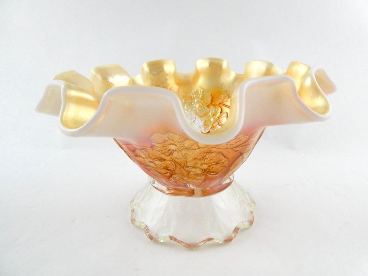 Vintage Dugan Dogwood Sprays Marigold Opalescent Carnival Glass Footed Bowl