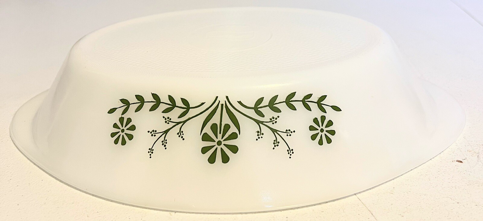 Vintage Glasbake Divided Dish~White w Green Flowers~Daisy~J-2352-Milk Glass