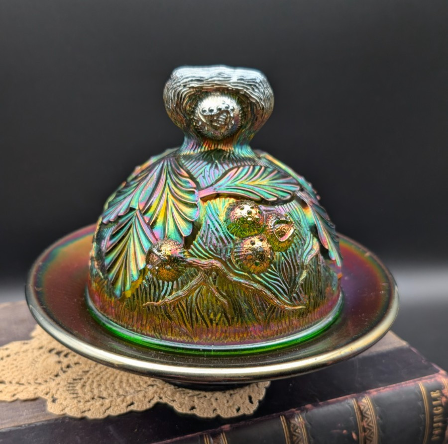 Antique Northwood Acorn Burrs Amethyst Carnival Glass Covered Butter Dish Signed