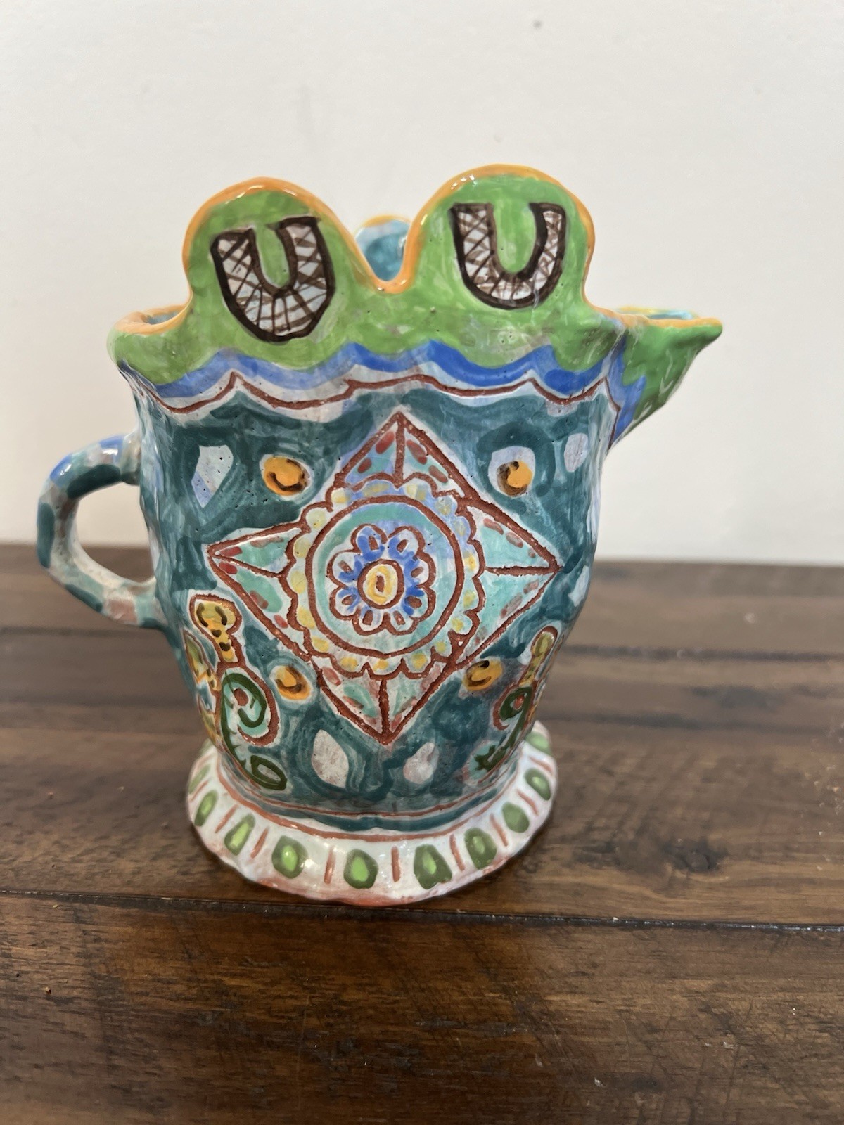 Handmade Folk Art Whimsical Pitcher Colorful Studio Ceramic Pottery Home Decor