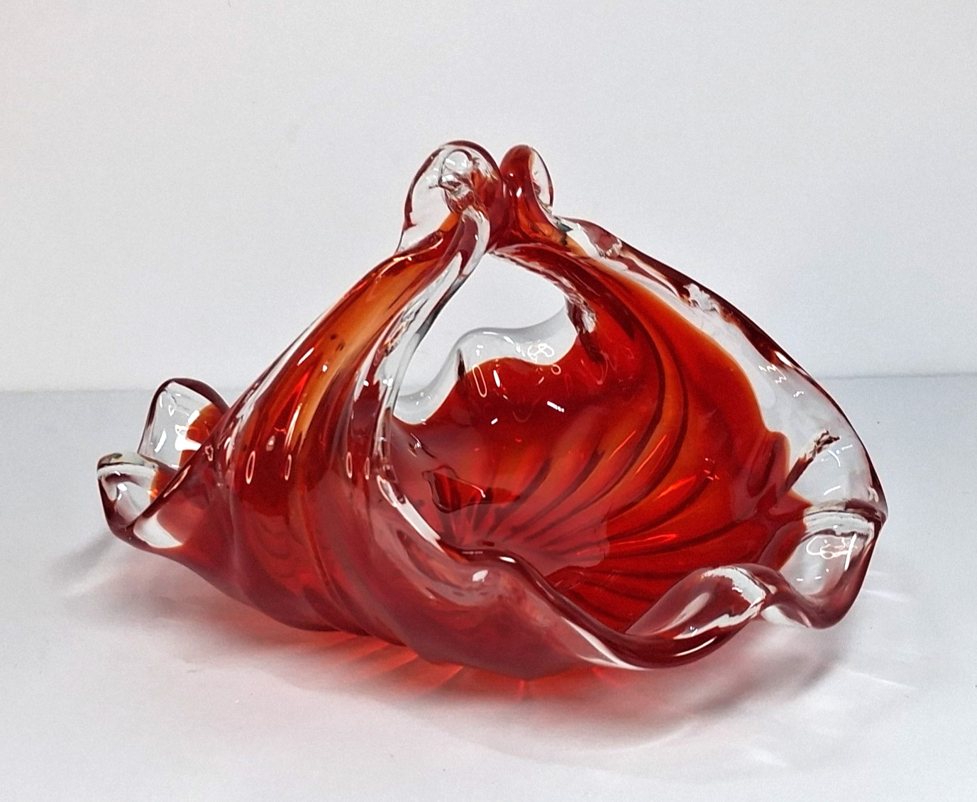 Vintage MCM Art Glass Free Form Handled Bon Bon Dish Red Persimmon Crystal Clear
