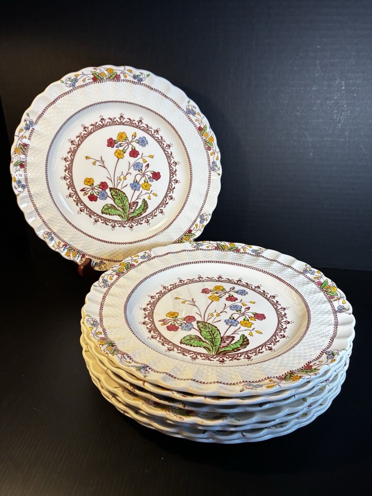8 Copeland SPODE COWSLIP 10 1/2″ DINNER PLATES Discontinued Set Old Back Stamp