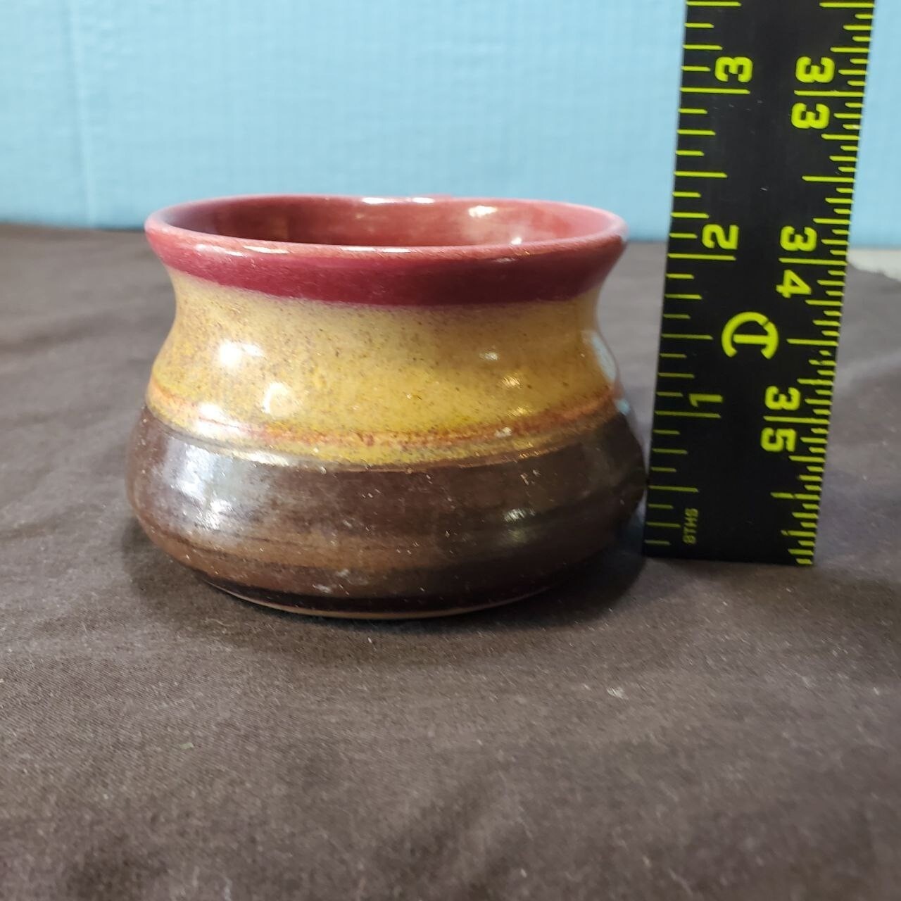 Art Pottery Small Cup Brown Burgundy Glaze Signed Stoneware Charlie Imbaden