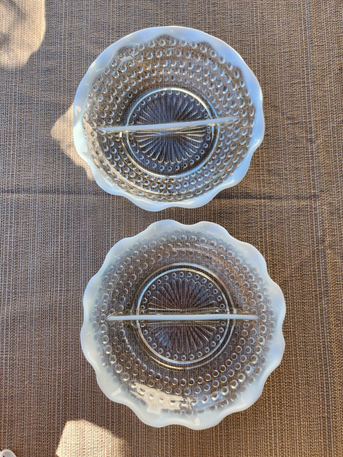 Moonstone Divided Relish Dish By Anchor Hocking X2 Opalescent Hobnail
