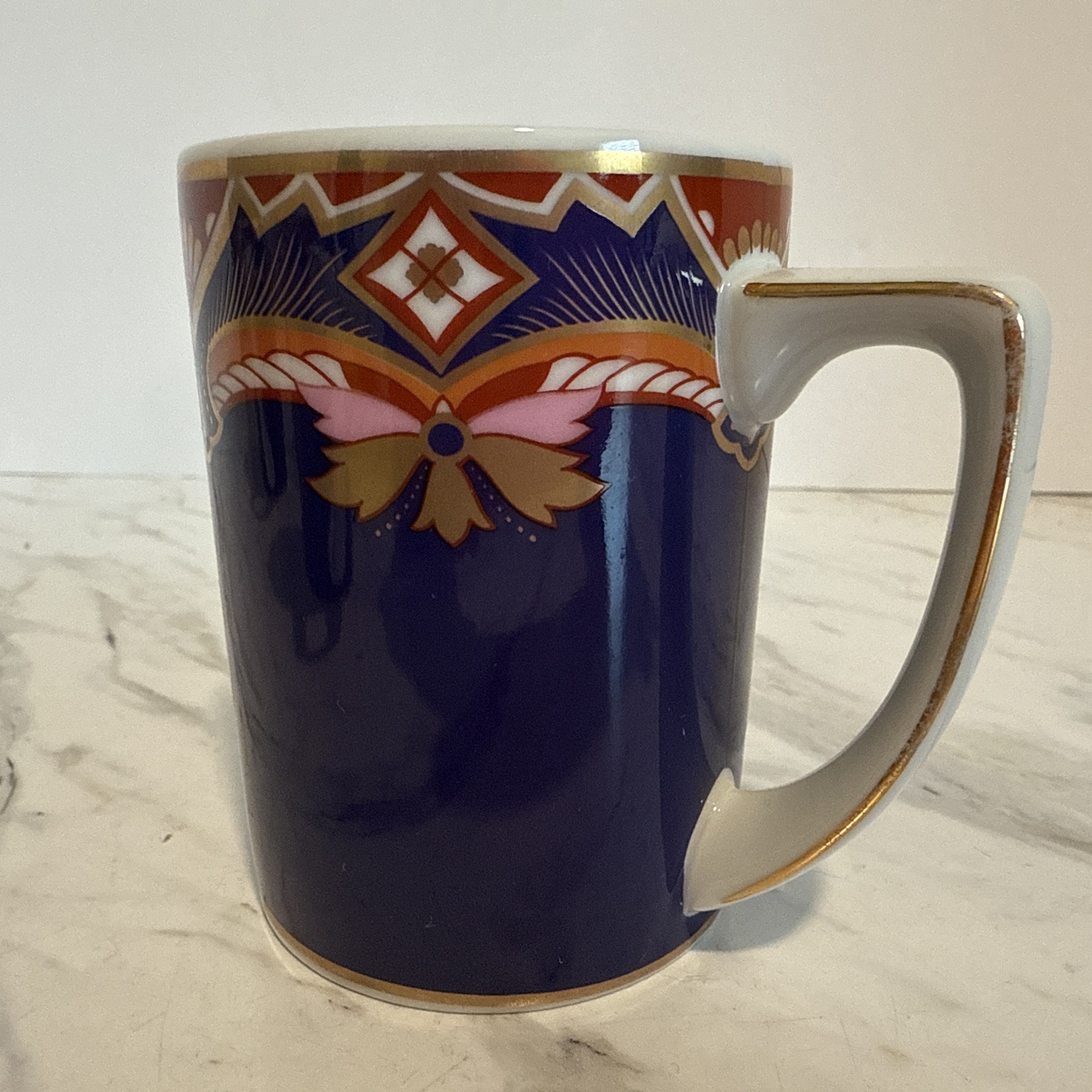 Neiman Marcus Coffee Cup Exclusive Porcelain Blue Rust Pink & Gold Trim Tea Mug