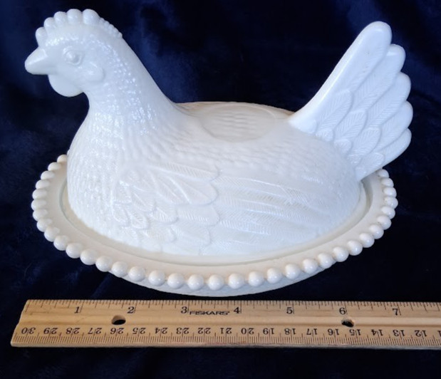 Indiana White Milk Glass Hen On Nest With Slotted Beading On Base