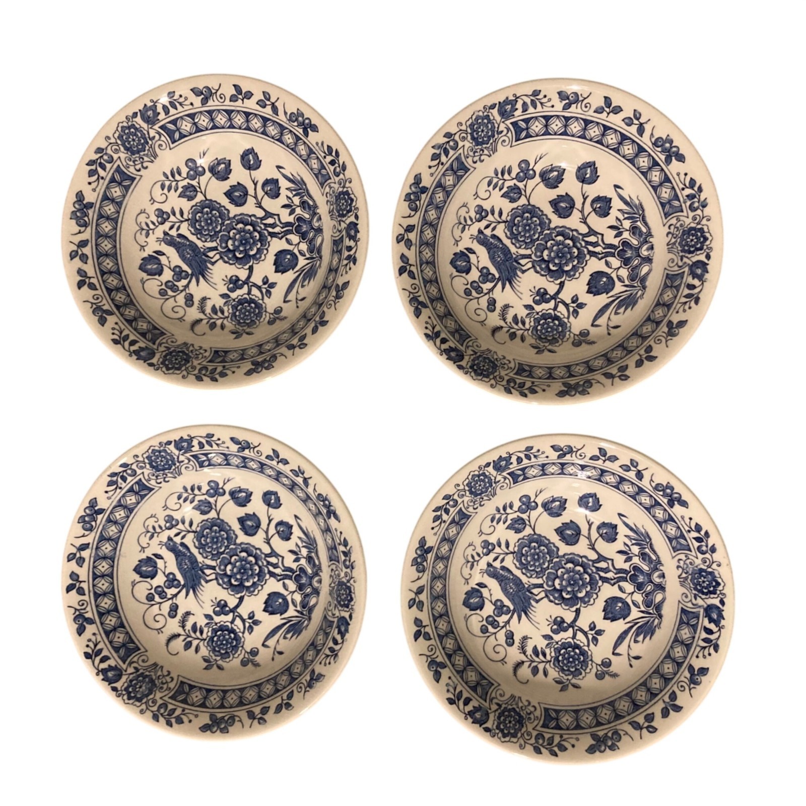 Vintage Broadhurst Staffordshire Ironstone Blue Nankin Bird Bowls Set of 4