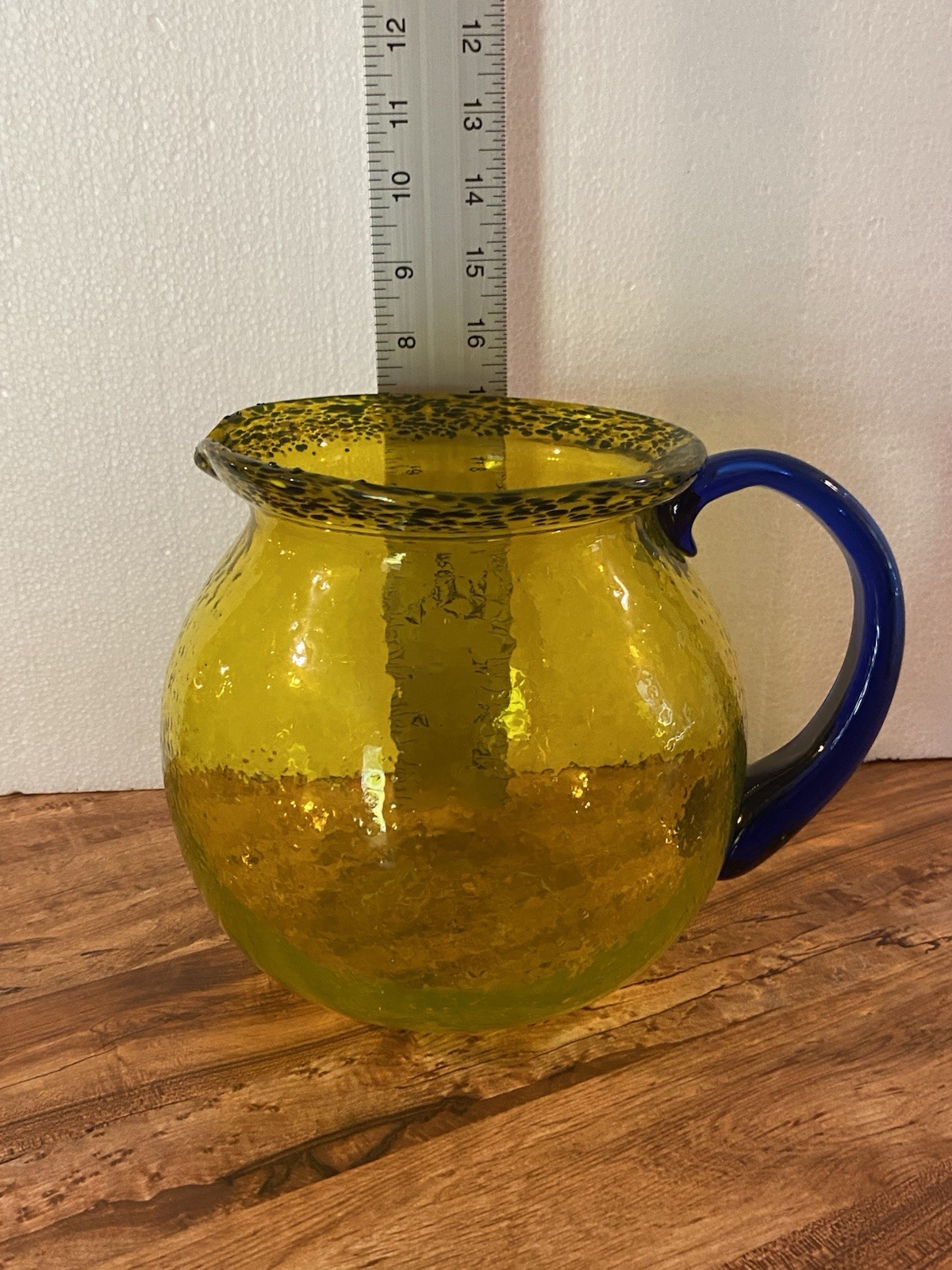 Hand Blown Yellow & Cobalt Blue Glass Pitcher