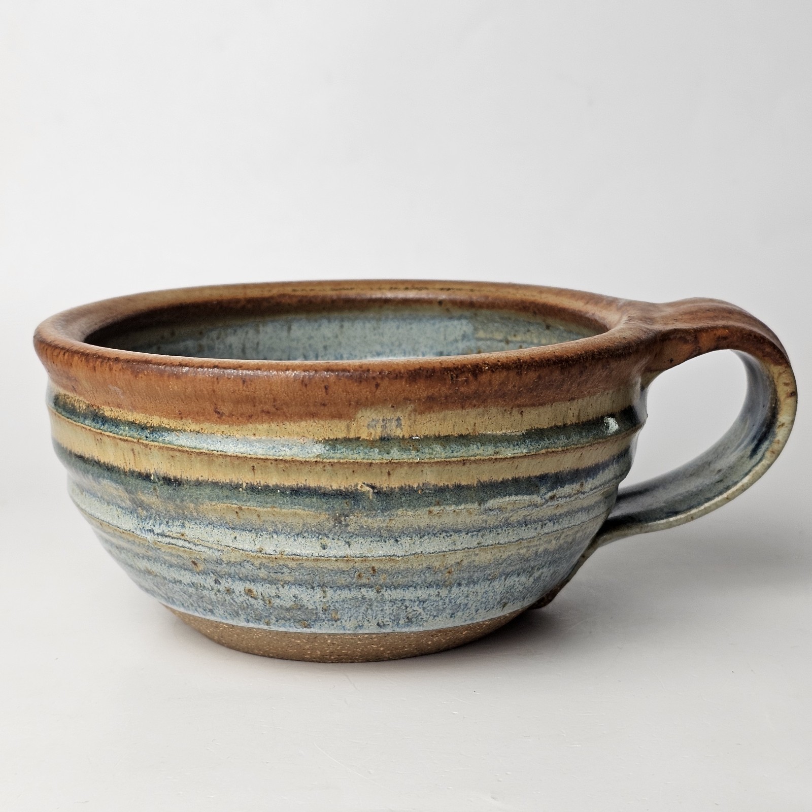 Signed Studio Art Pottery Green Brown Drip Glaze Coffee Ceramic Soup Mug 18oz