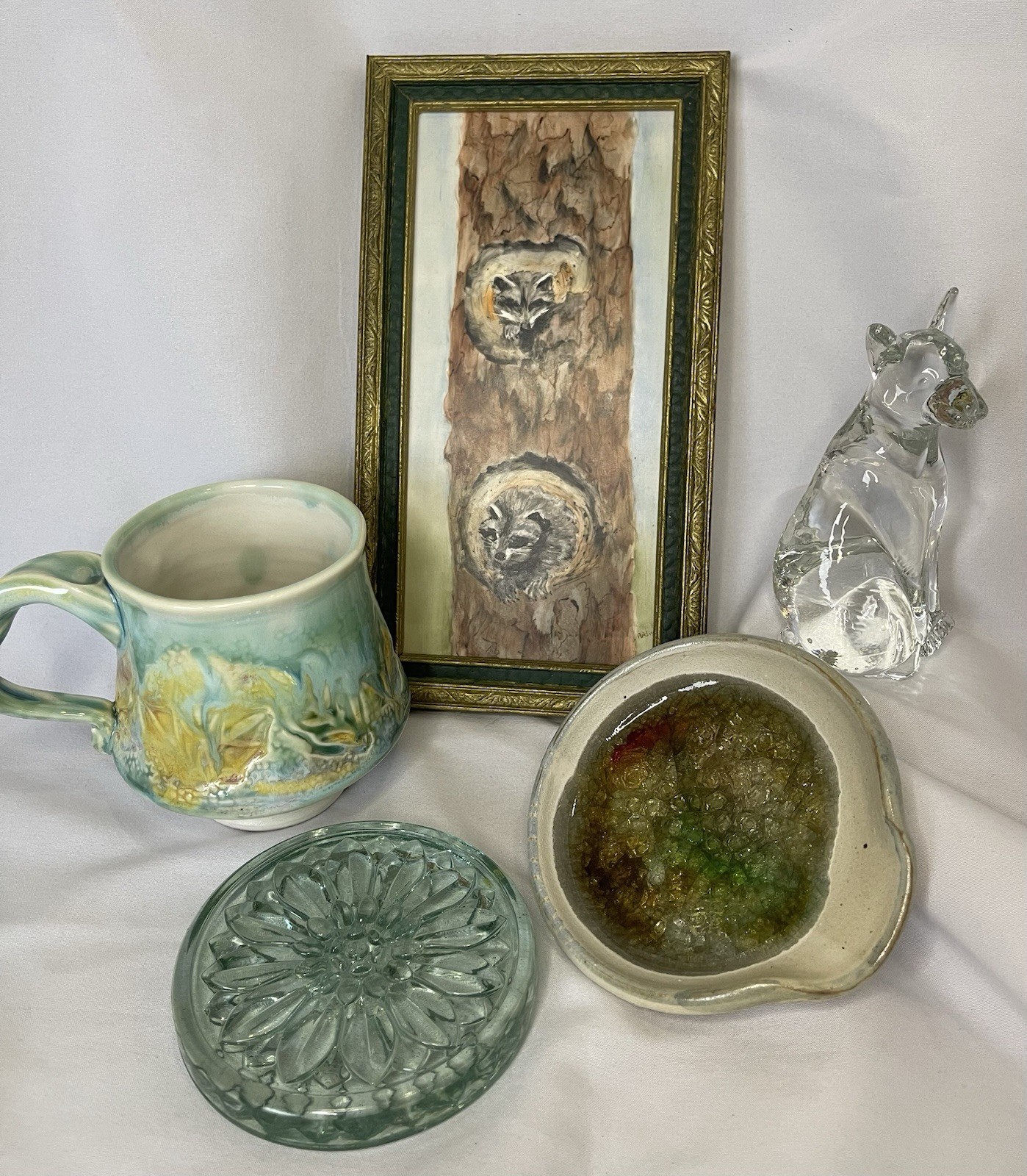 Handmade Studio Art Pottery Mug Leaf Imprint Green Drip Glaze signed by artist