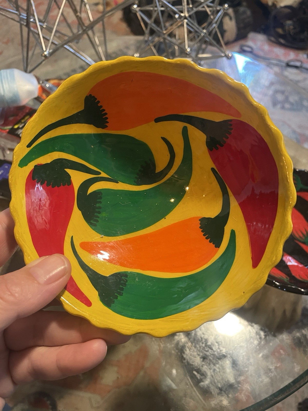 2 Hand Painted Mexican Pottery Red Pepper Lilly Pedestal Dishes 5 1/2 Inches