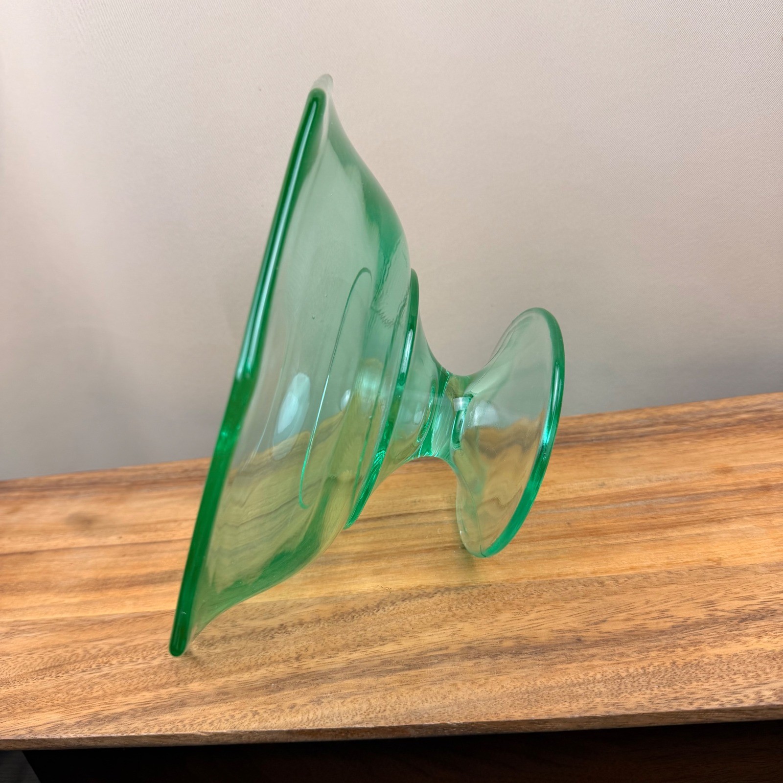 Vintage Green Uranium Glass Hexagon Pedestal Bowl UV Glow Depression Glass 10″