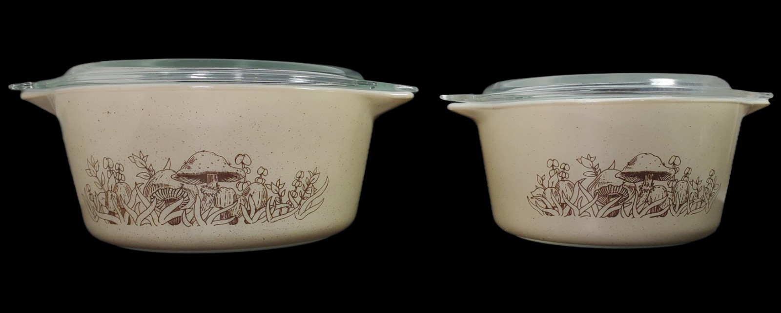 VTG Pyrex Forest Fancies Mushroom Casserole Dishes 473 & 474 w Lids Corning Mark