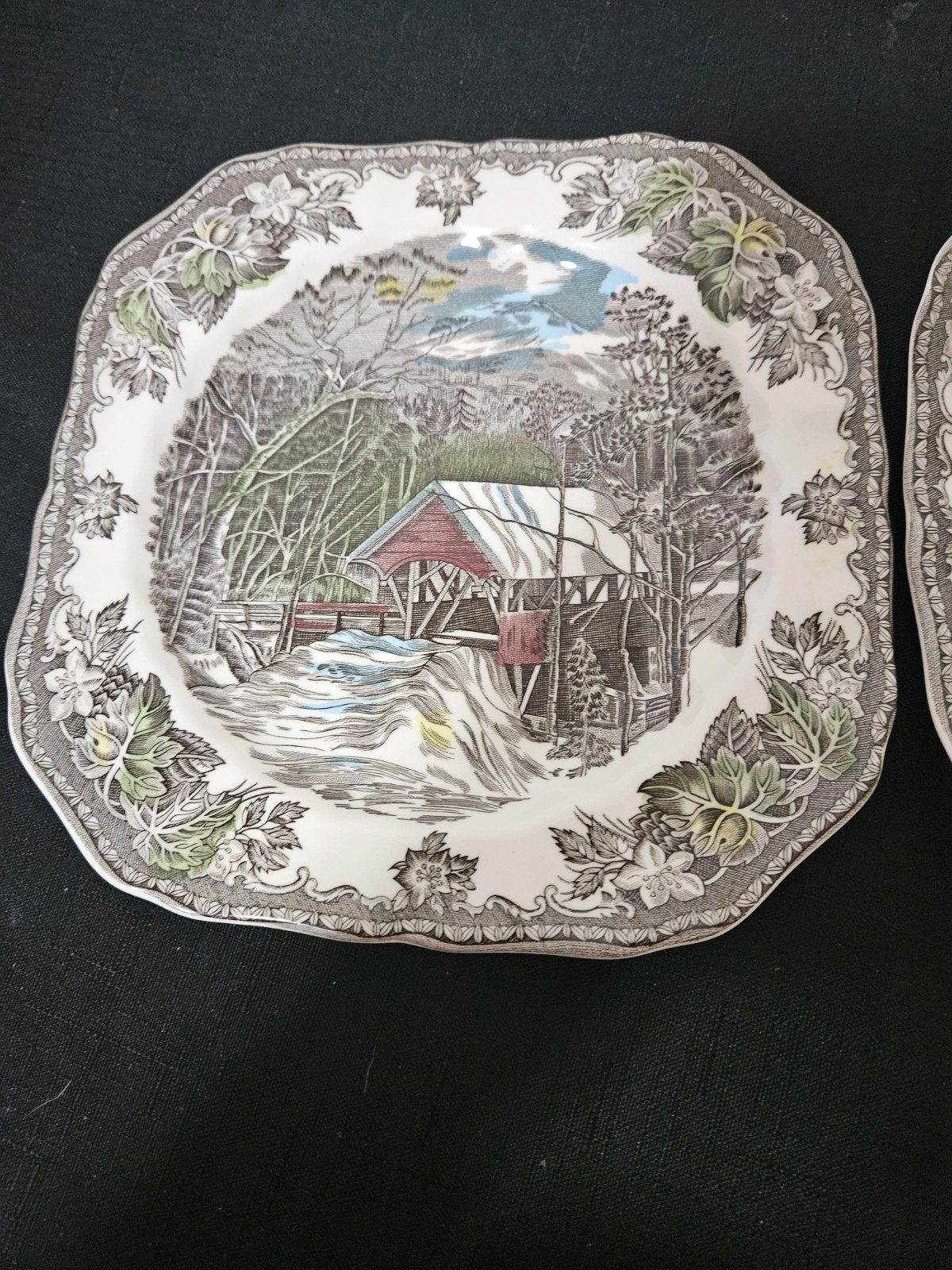 Lot of 2 Johnson Bros. Friendly Village The Covered Bridge Square Salad Plates