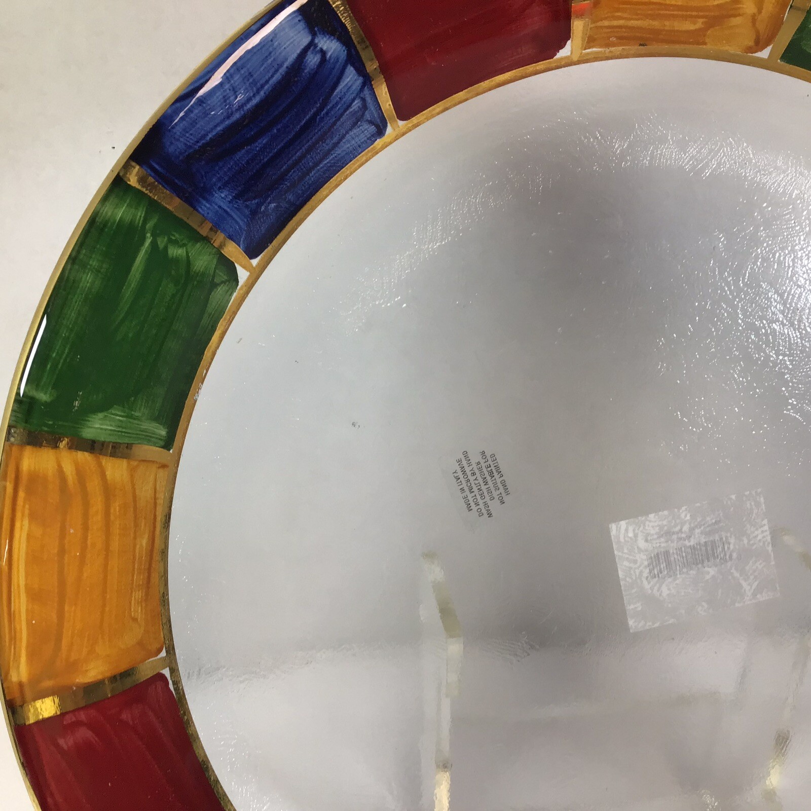 Italian Glass Round Serving Platter Low Bowl Hand Painted Geometric Edges 15”