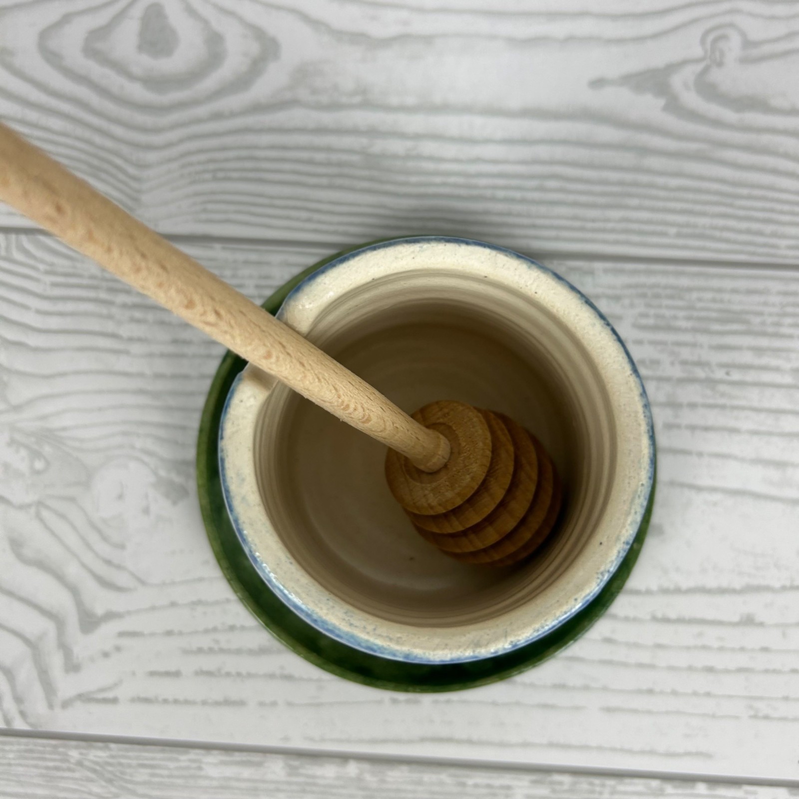 Handcrafted Ceramic Honey Pot Botanical Design Lid & Dipper Artist signed MDE