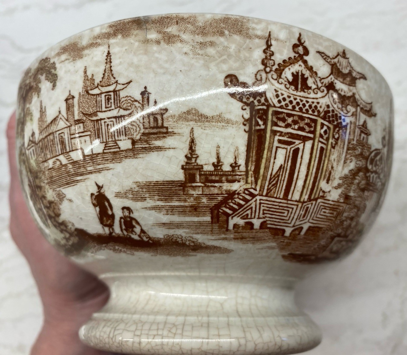 Antique Chinoiserie Brown Transferware Tea Waste Bowl Possibly Staffordshire