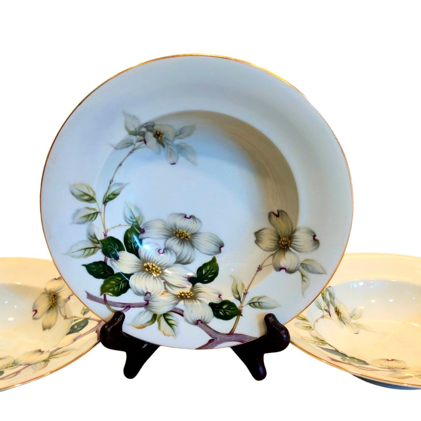 Vintage Dogwood floral Rimmed Soup Bowls Livonia Meito made in Occupied Japan x4