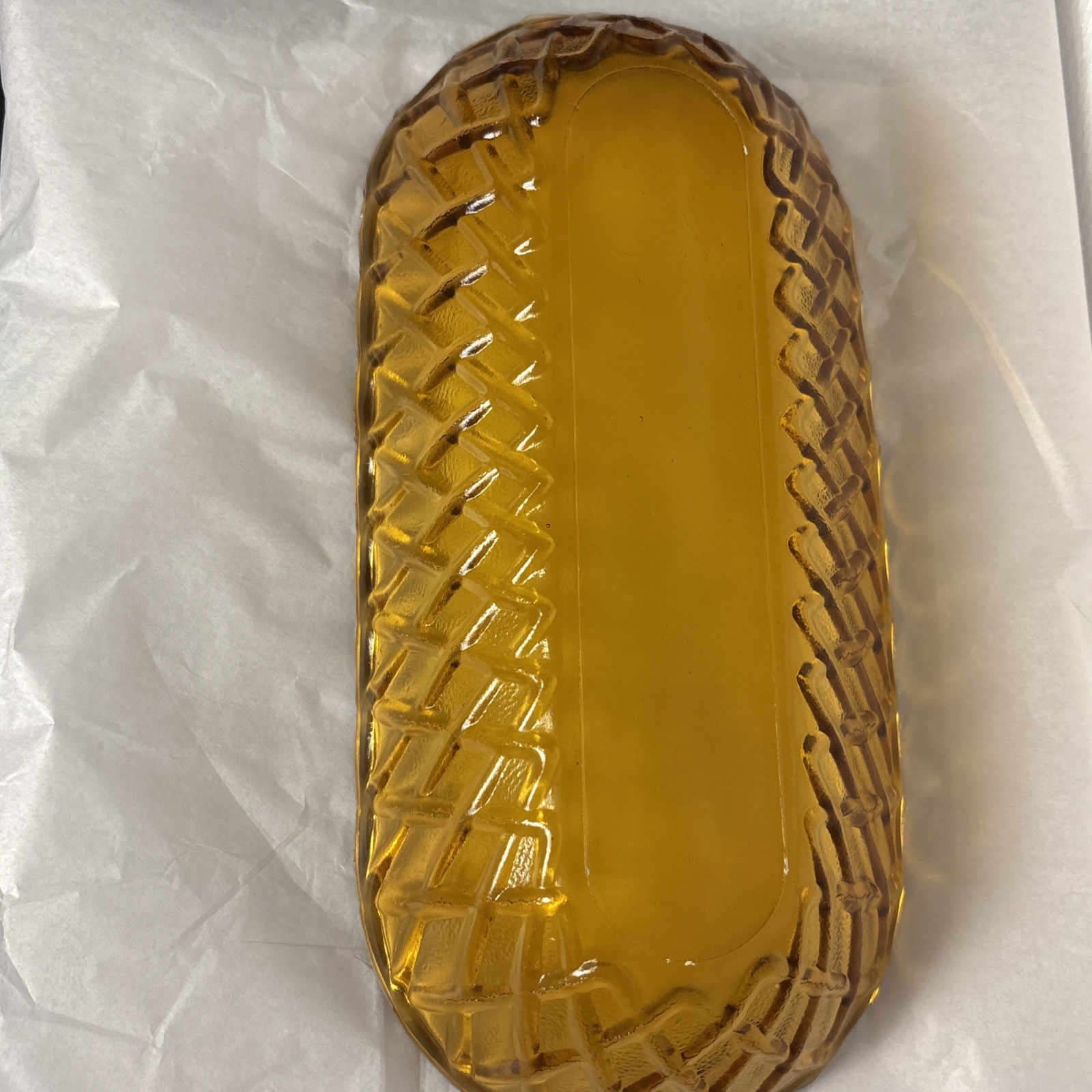 Amber Indiana Glass Oblong Celery Dish w/ raised basket weave design