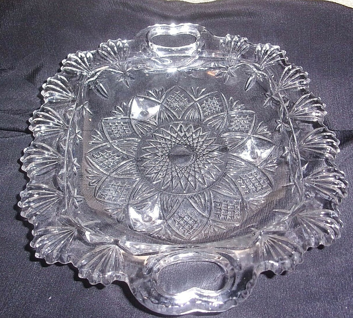 Antique 1919 AMB Period Square Cut Glass 3-Footed 10″ Bowl-Heart Handles-EUC