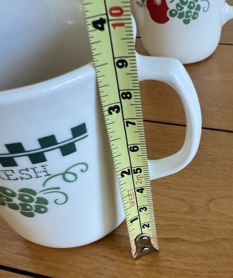 3 Corelle Farm Fresh Green Checkered Coffee Tea Mugs Cups Apples Pears Grapes