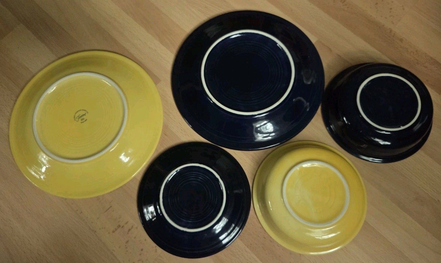 Fiesta Fiestaware 5 Ceramic Dinner Plates, Bowls & Saucer Yellow & Cobalt Blue