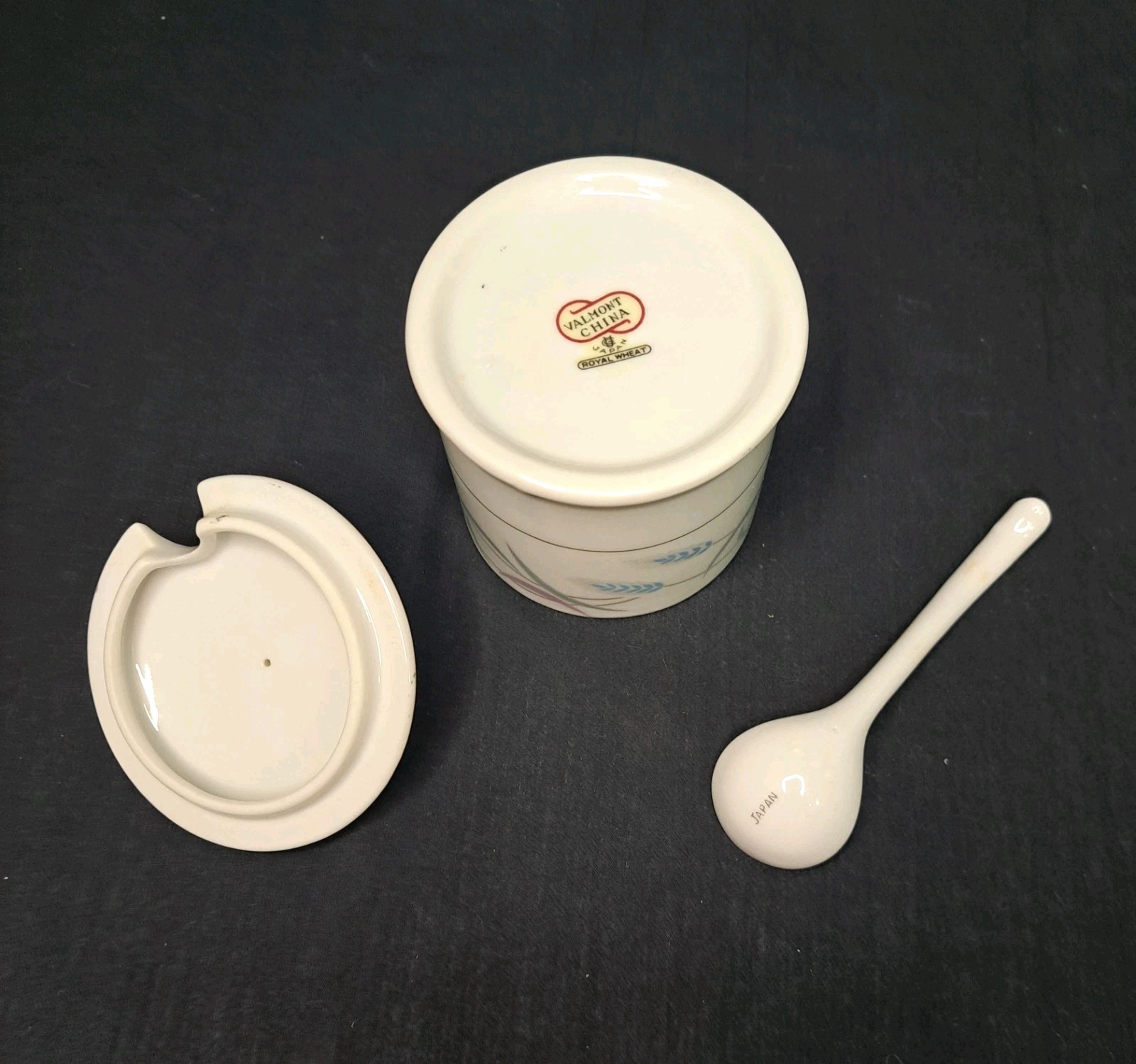 Valmont China Royal Wheat Condiment Jam Jar with Lid & Spoon Vintage