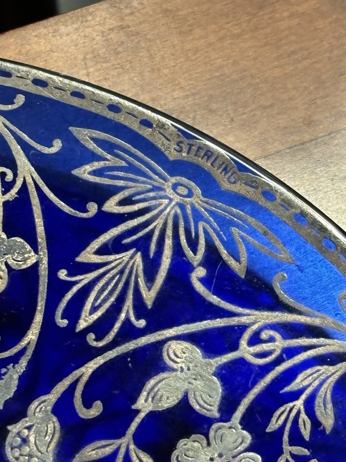 Vintage Colbalt Blue W/Sterling Overlay 10.5” Handled Tidbit Serving Platter