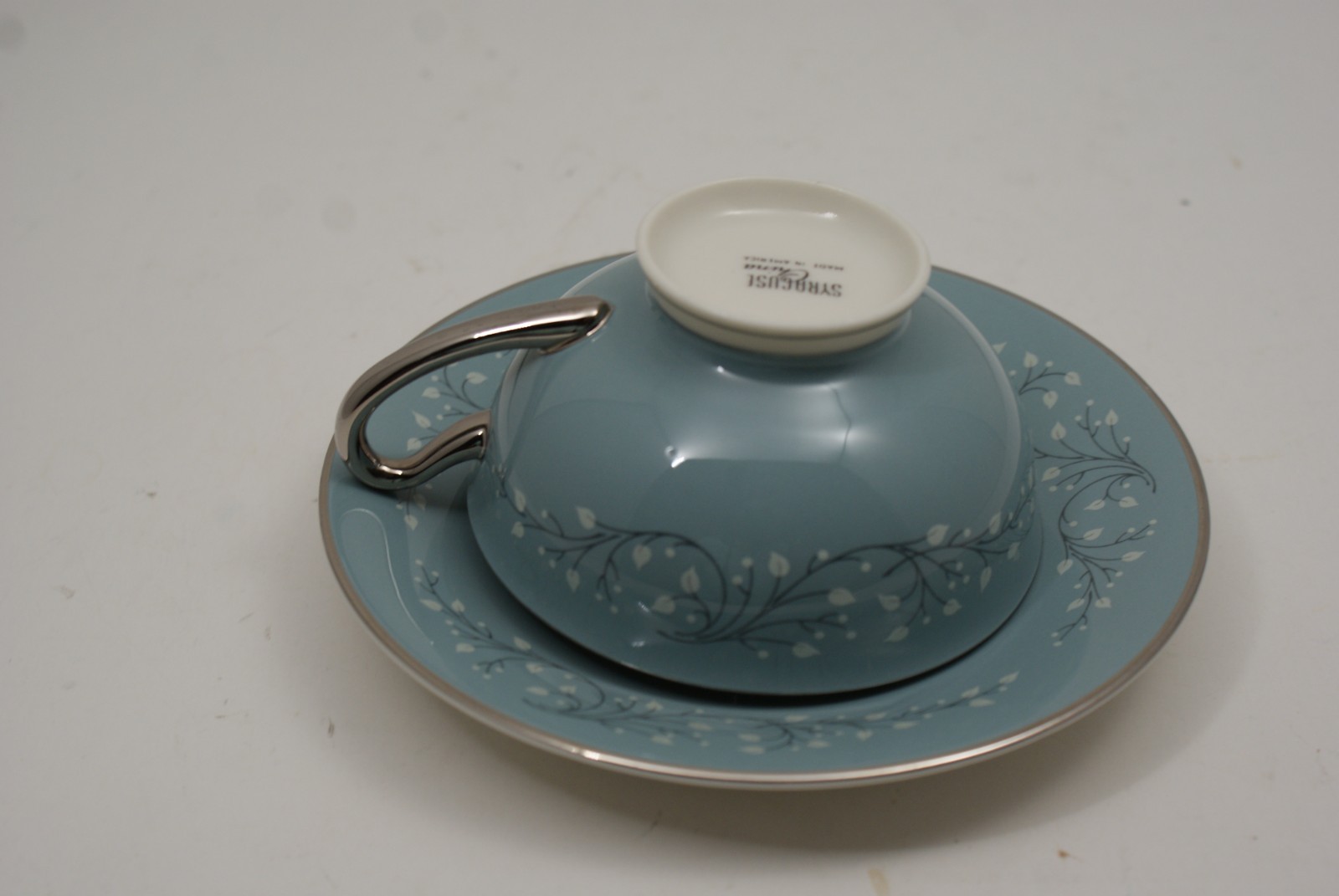 Syracuse China Minuet Footed Cup and Saucer White Blue Platinum Trim Lot of 6