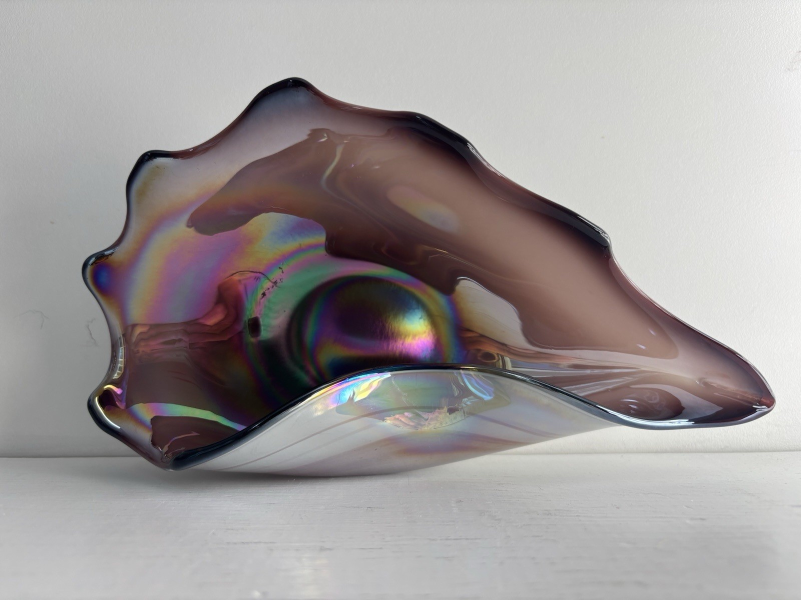 Folded Art Glass Conch Sea Shell 9” X 5 1/4” Bowl Iridescent Purples
