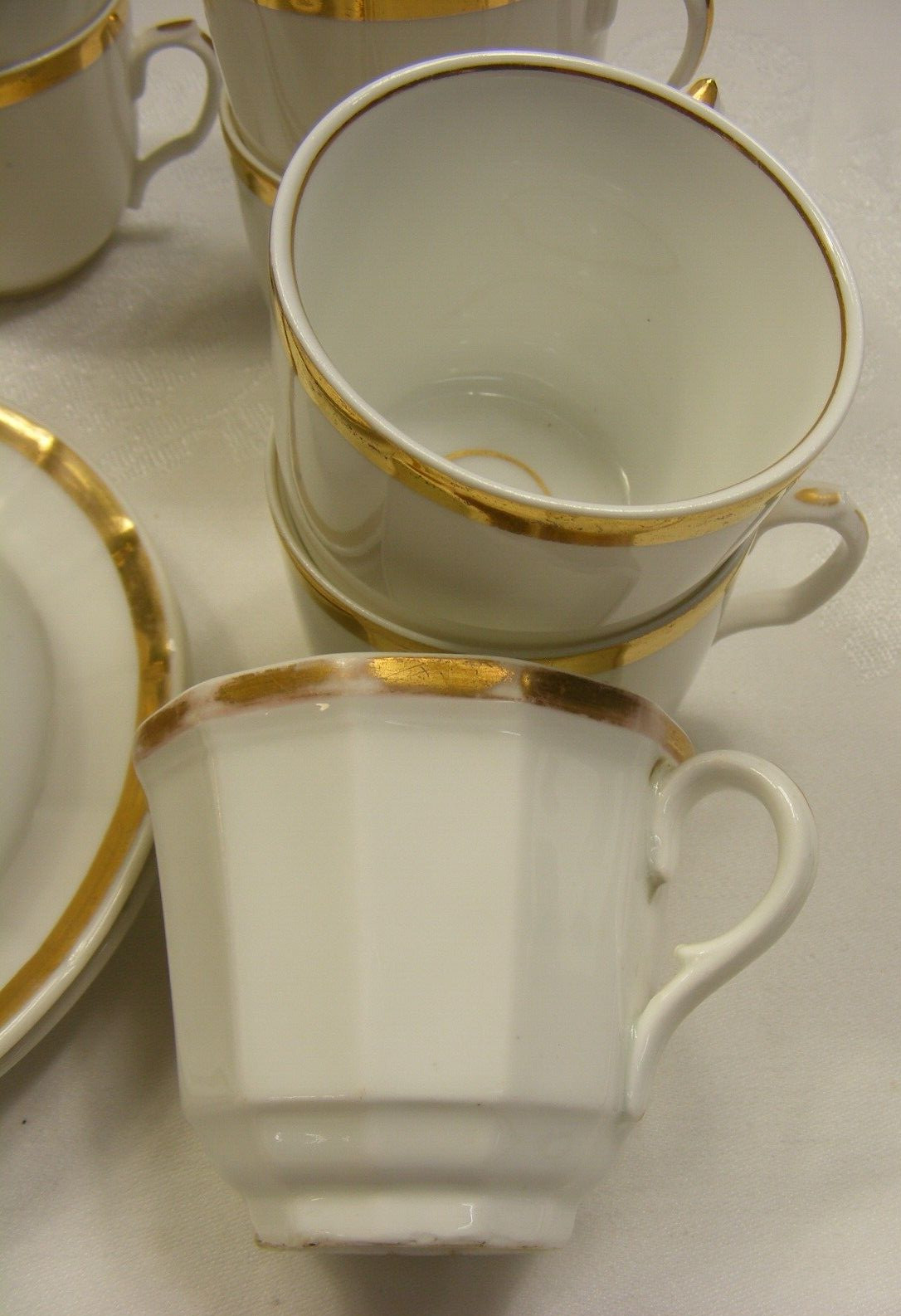Vintage Lot 14 Pieces White Bowls Plates Cups China Gold Trim 8-C