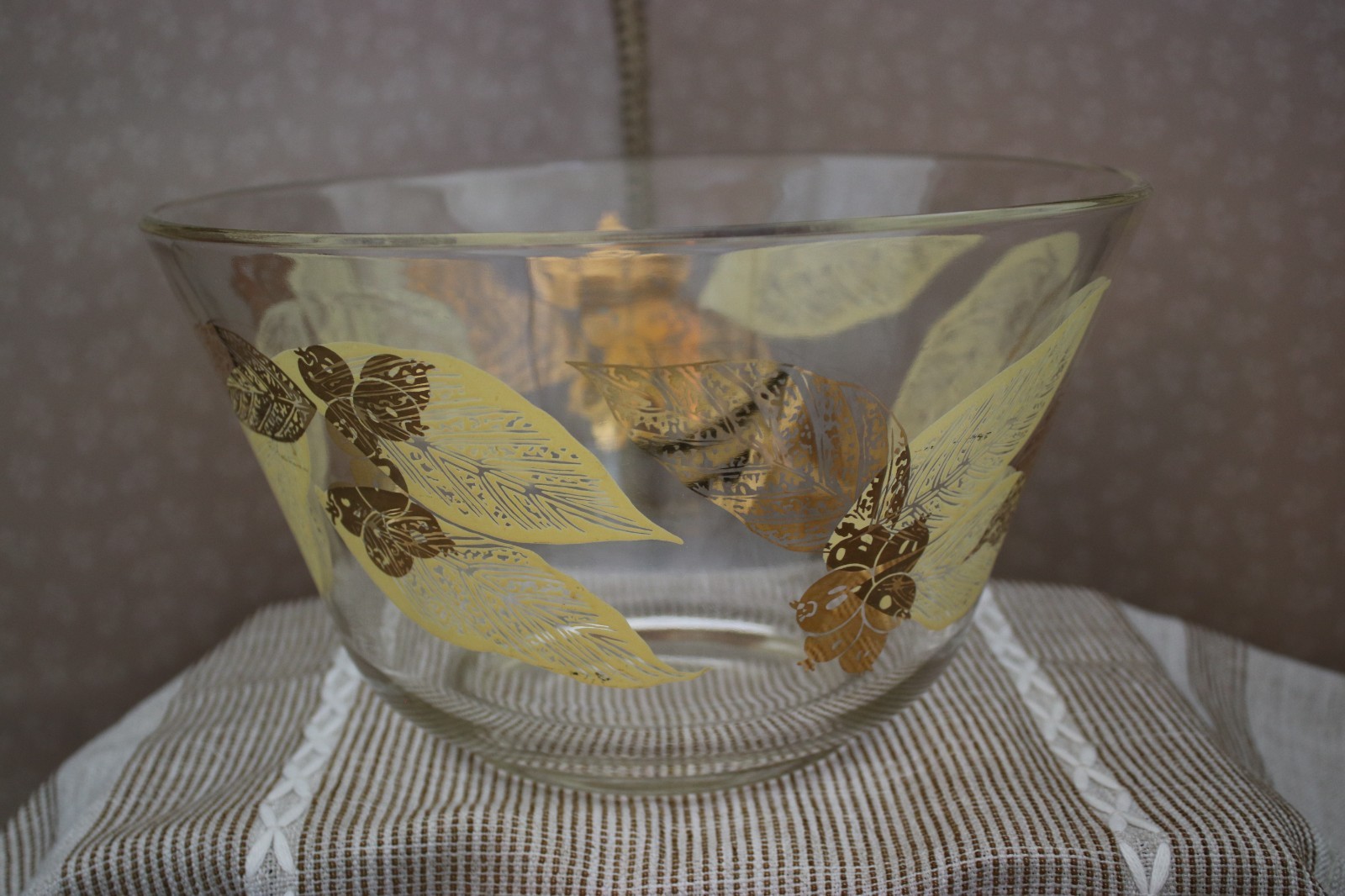 Vintage MCM Glass Snack Bowl Anchor Hocking Retro Gold Painted Fruit and Leaves