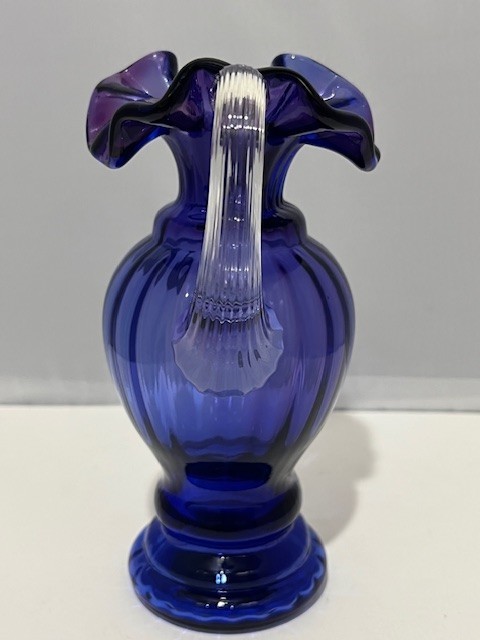 VTG 6″ Fenton Royal Blue Purple signed Small Pitcher Ruffled Edge-ridged Handle
