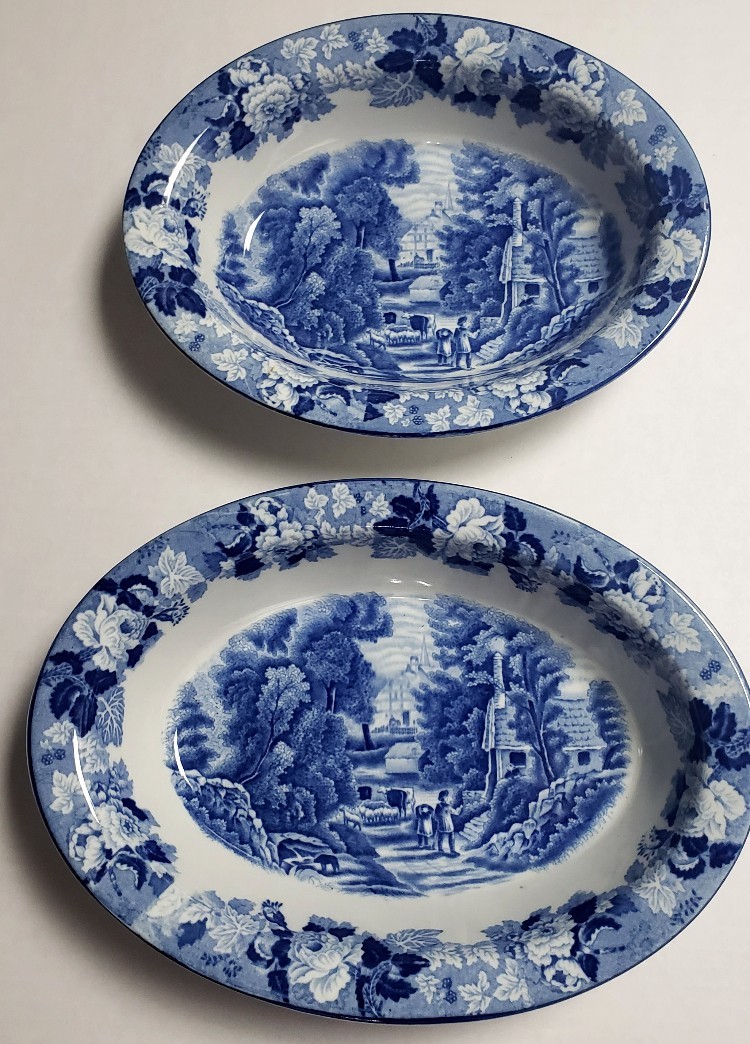 Blue Enoch Woods Ware English Scenery 2 Nesting Oval Serving Bowls Transferware