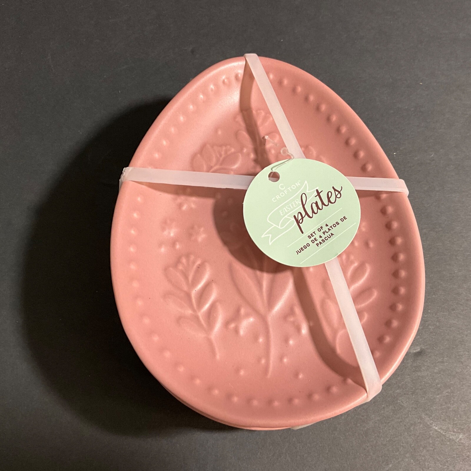 Crofton Stoneware Spring Floral Easter Egg Plates Set of 4 Rose Soft Pink 7×5”