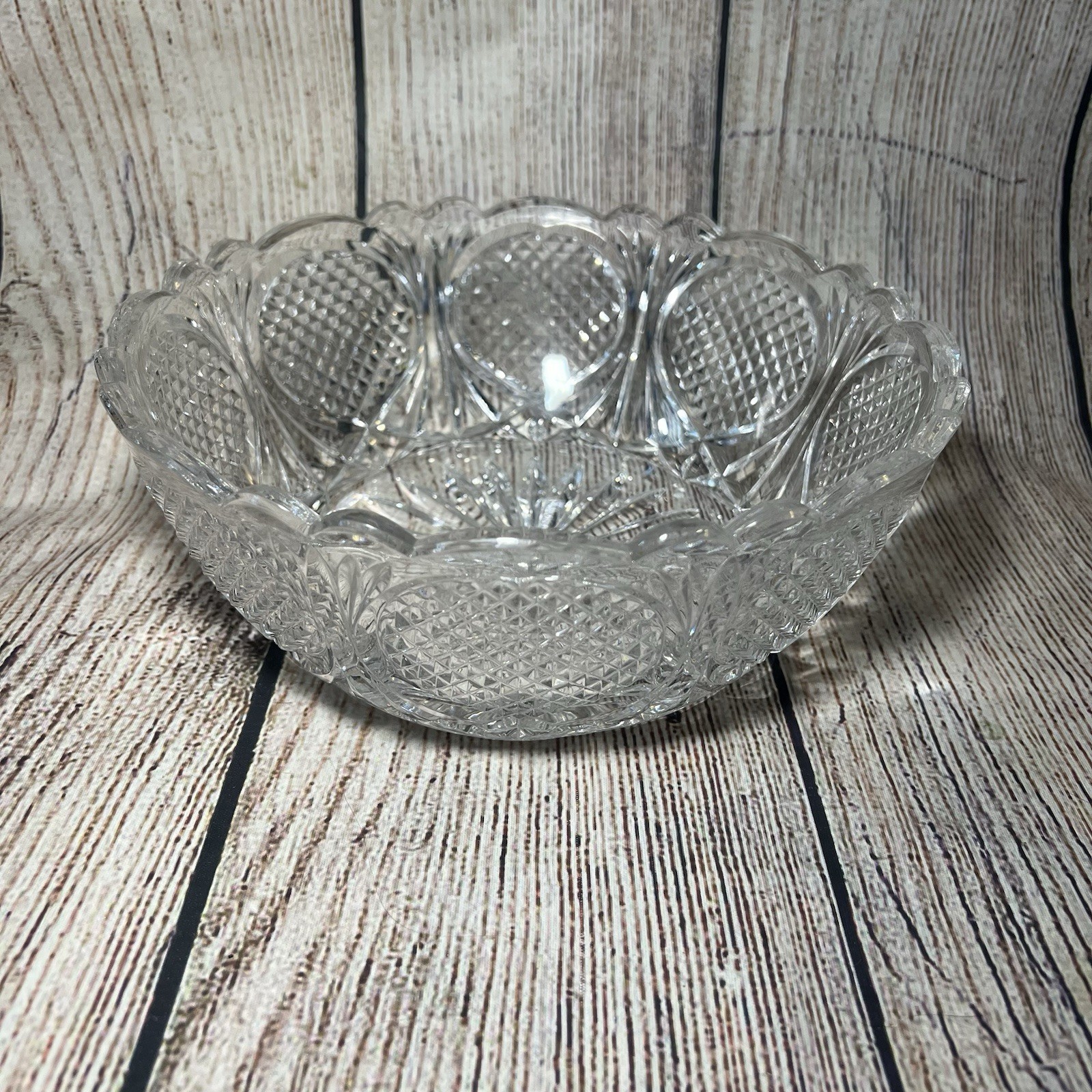 American Brilliant Period Cut Glass Crystal Bowl 9″ Scalloped Intricate ABP