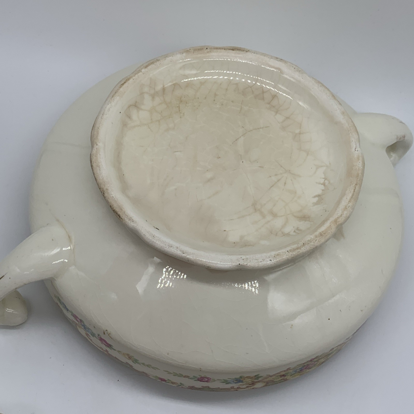 Vintage Ceramic Covered Vegetable Mildred Style, Ladle, Aged Prominent Crazing