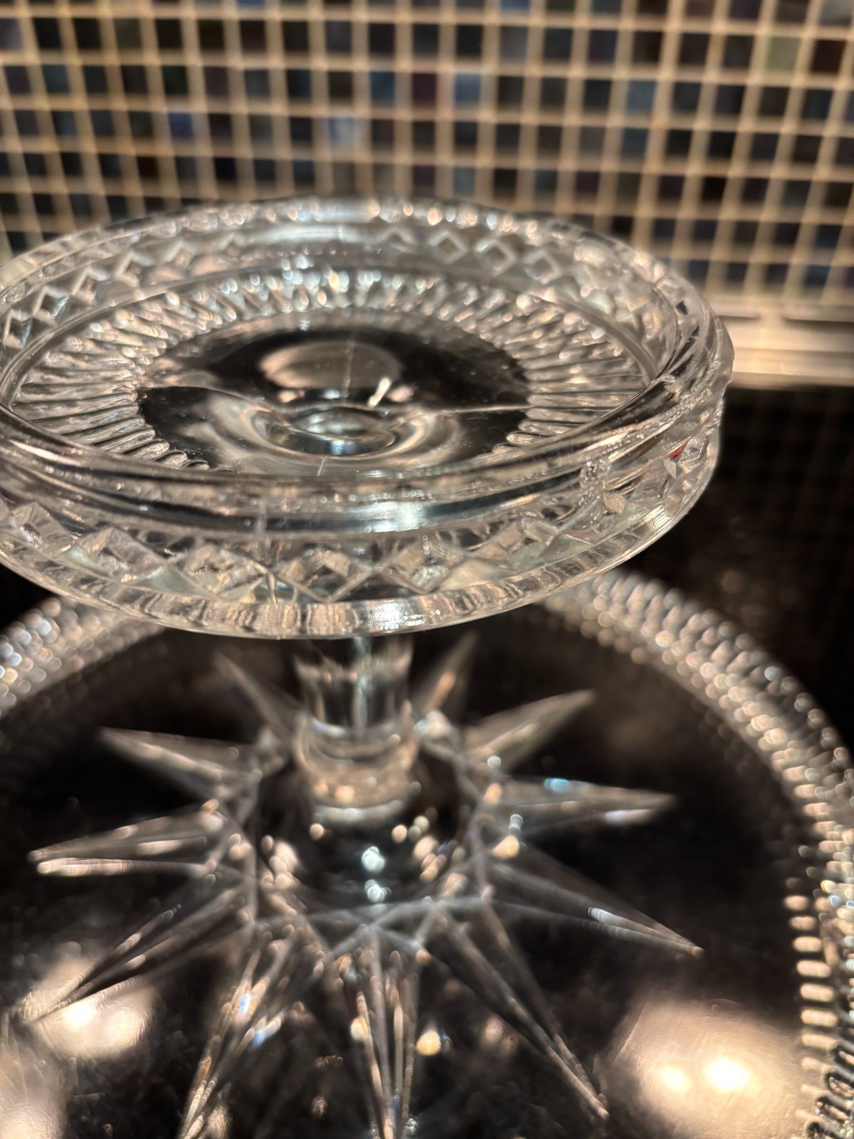 EAPG Brilliant Glass Co Pedestal Cake Stand Aurora Diamond Horseshoe Clear