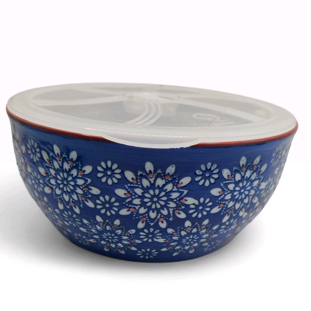 VTG Yokohama Studio Blue White Red Floral Hand Painted Ceramic Bowl w Lid