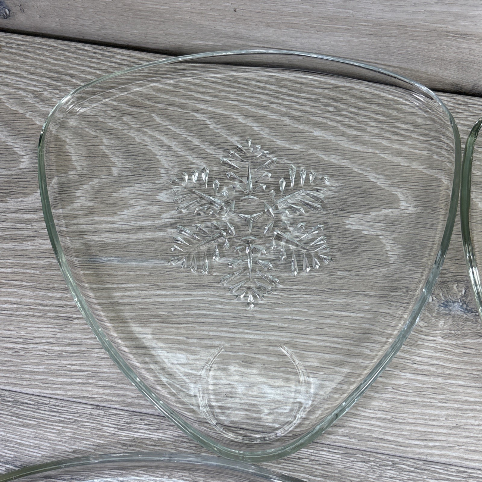 Vintage Indiana Glass 4 Diff. Snowflake Triangle Snack Plates W/Cups set 8.75”