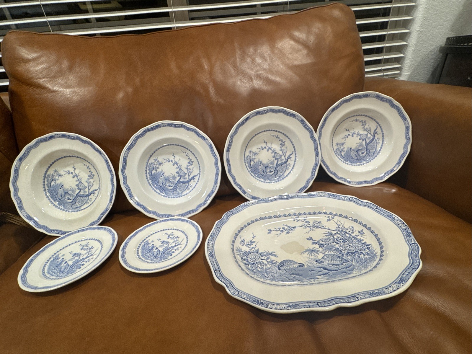 7 LOT Furnivals Blue Quail (4)Soup Bowls (2)Bread Plates (1) Platter oval