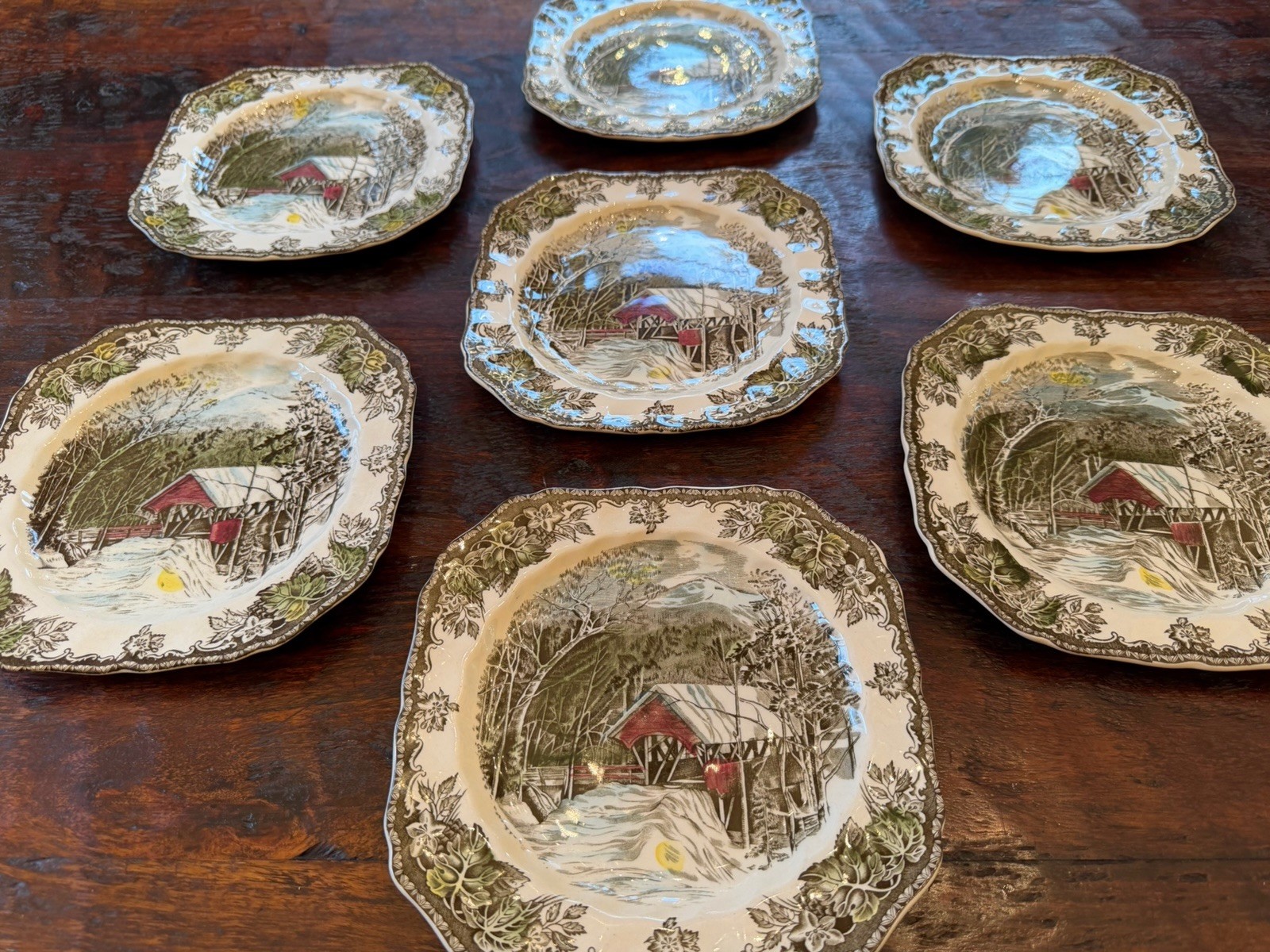 Lot Of 7 Johnson Bros The Friendly Village Square Salad Plates Covered Bridge