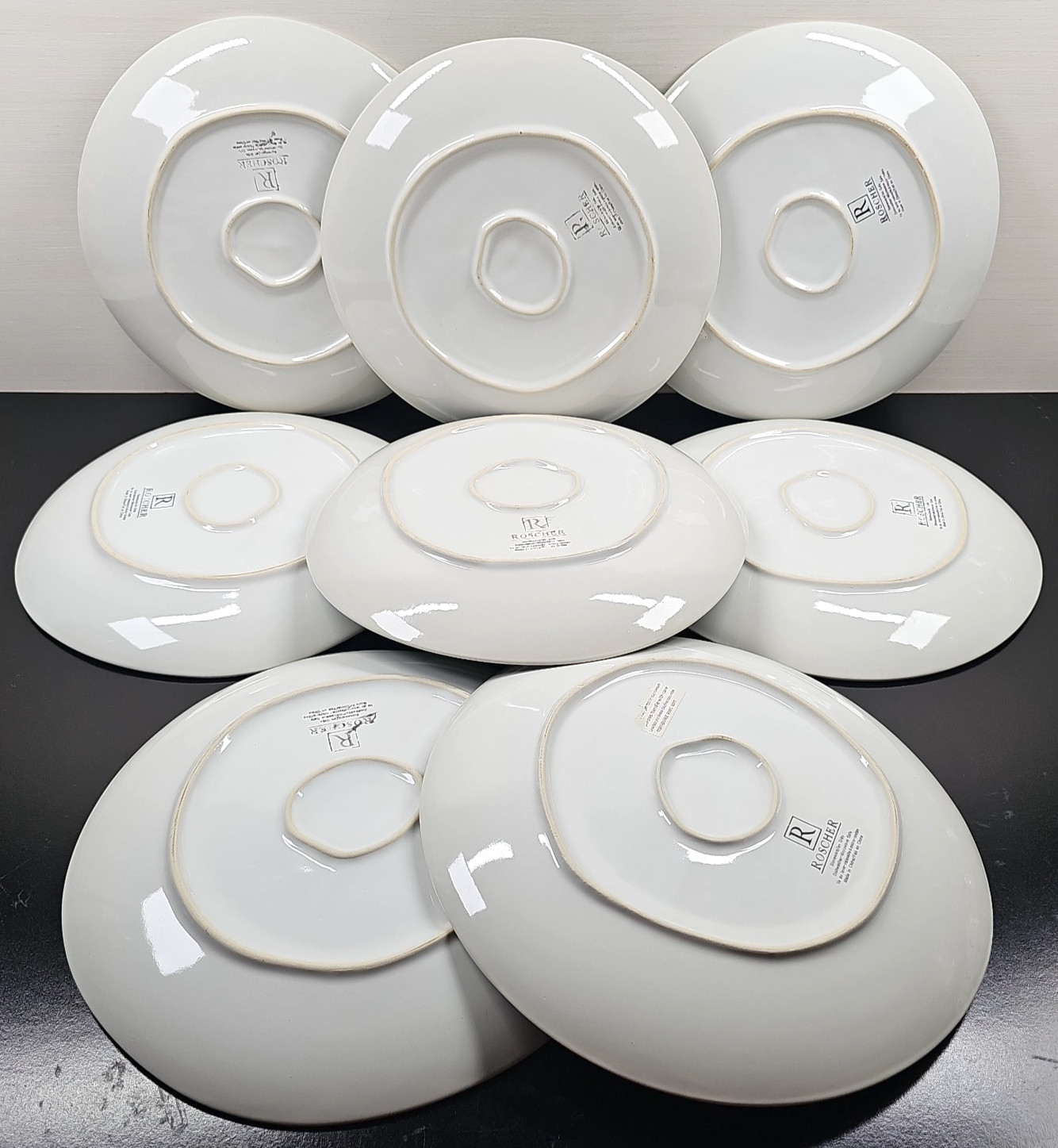 8 Roscher Crackle Glass Green Dinner Plates Set Elegant Stoneware Table Dish Lot
