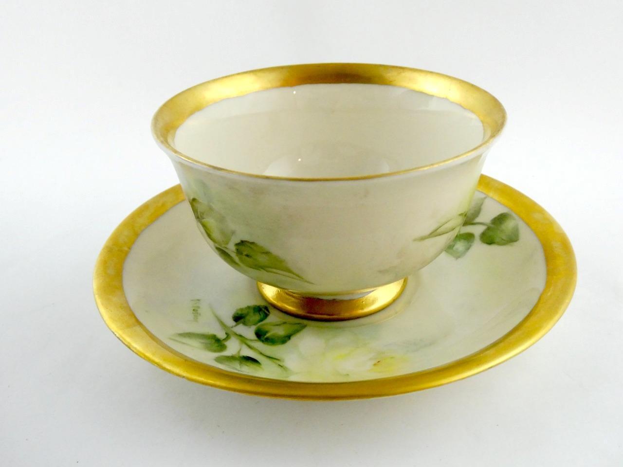 1970s Hand Painted Floral Porcelain 5 Pc Place Setting White Roses Signed VGOOD