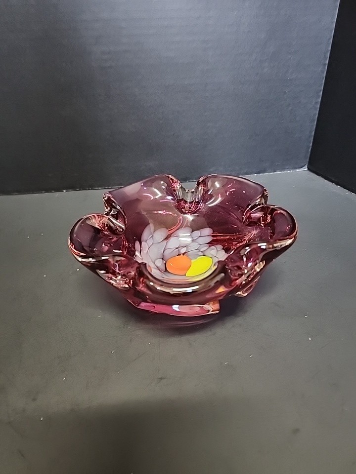 Bohemian Glass Bowl Pinched Side Purple Orange Swirled Bottom