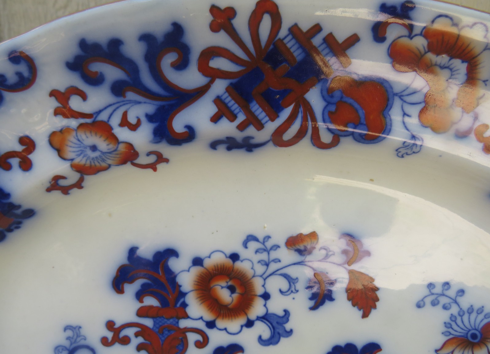 LARGE ANTIQUE ROYAL DOULTON NANKIN POLYCHROME FLOW BLUE SERVING PLATTER