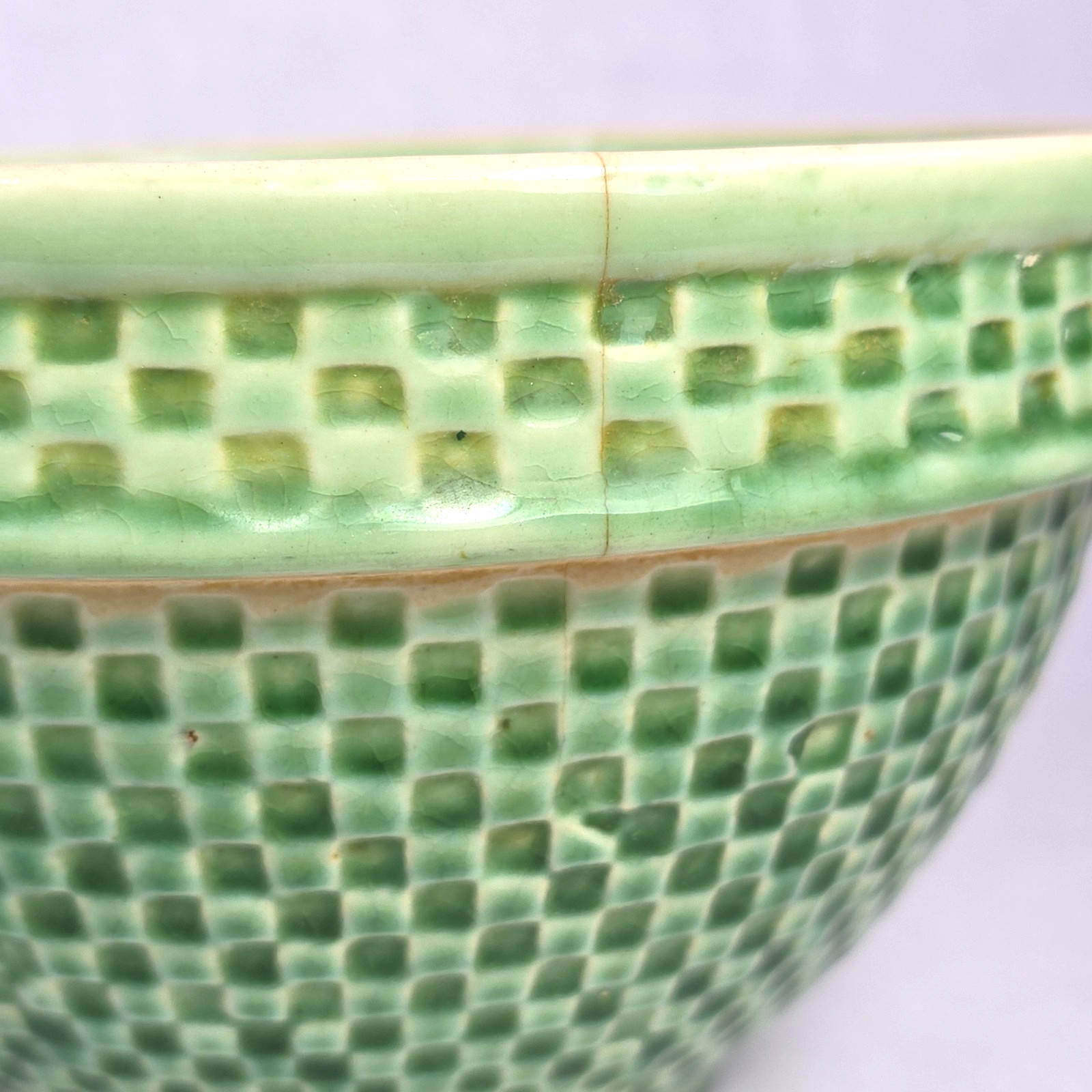 Antique McCoy Yellow Ware Pottery Green Checkerboard Mixing Bowl Med 7.75″